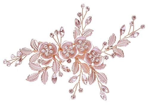 Bride Flower Rhinestone Headpiece Wedding Hair Crystal Hair Piece Bridal Hair Handmade Accessories Pearl Hair Pins Headpieces Barrette Hair Decorations for Bridal Bridesmaid Girls (Rose Gold)