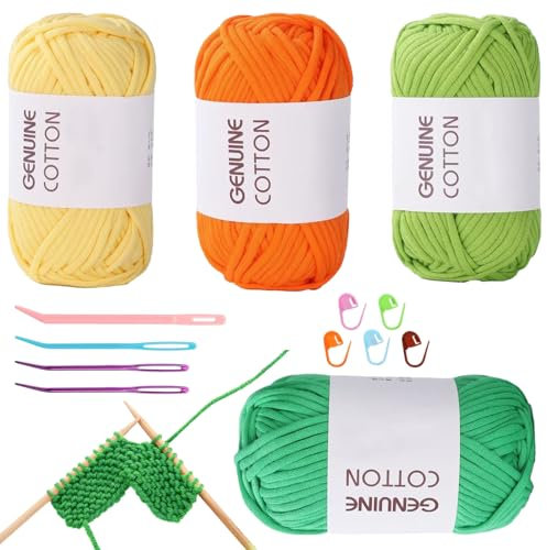 RANJIMA Häkelgarn für Anfänger, 4 Stück Einfach Garn, Kein Geteiltes Garn,Gut Sichtbare Maschen Garn Zum Häkeln mit Häkelzubehör, Baumwoll-Nylon-Garns für Anfänger(Orange+Gelb+Hellgrün+Dunkelgrün)