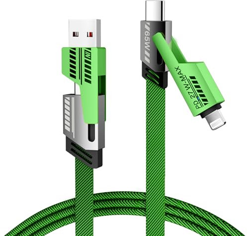 4-in-1 Multi Charger Cable | 65W Fast Charging USB A/C to Light'ning & USB-C | 5FT Nylon Braided iPhone Fast Charger Cable for iPhone 16-12 Pro Max, MacBook, Samsung, iPad