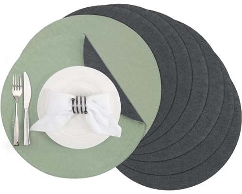 Banchif Tischsets abwaschbar doppelseitig Platzset Platzdecken abwaschbar | Platzsets abwaschbar Rund 8er Set doppelseitige Tischsets Leinenimitat maschinenwaschbar Platzdecken (Grau Salbeigrün)