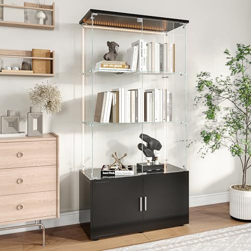 Glasvitrinskåp med LED, skåp för samling med 4 dörrar 3 hyllor transparent underskåp av trä möbler vitrinskåp glas display skåp samlarvitrin för vardagsrum bar 79 x 35 x 164 cm