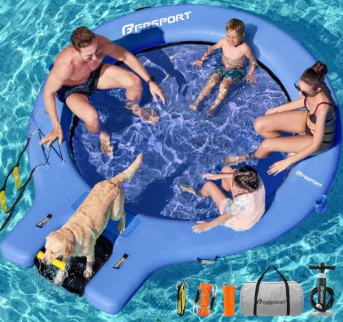 Große aufblasbare Badeplattform 240 cm Schwimminsel Sunchill mit Wasserrampe für Hunde, Wasserinsel für 3–5 Personen, Schwimmendes Dock inkl. Luftpumpe, Badeinsel Plattform für Pool Strand See & Ozean