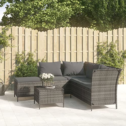 ACAGALA Gartenmöbel Set mit Stauraum 4 Teilig Poly Rattan Balkonmöbel Set mit Cremeweiß Kissen, Ecksofa + Hocker + Couchtisch, Outdoor Loungemöbel Gartensofa Garnitur für 5 Personen, Grau