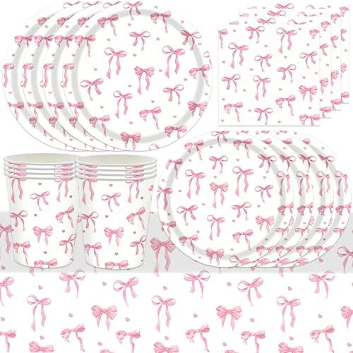 51PCS Pink Bow Birthday Decorations, Party Tableware with Paper Plates Napkins Pink Bowknot Birthday Party Plates Napkins for Bridal Girls Shower Bachelorette Party Supplies, Favors 10 Guests