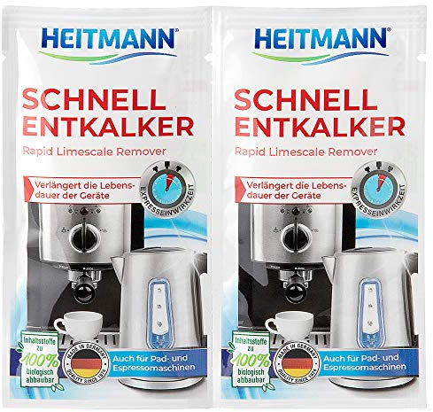 HEITMANN Descalcificador rápido, 2 x 15 g: Descalcificador biodegradable para cafeteras, hervidores y aparatos de agua caliente – Ácidos de frutas naturales, limpieza alimentaria