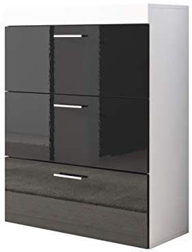 MB Muebles Bonitos, Commode Dalia avec 3 Tiroirs et Poignées Métalliques, Meuble de Chambre á Coucher en Mélamine Brillant, Couleur Blanc et Noir, 75x99x36 cm