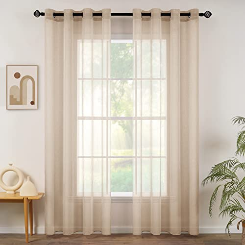 MIULEE Sheer Voile Vorhang mit Ösen Transparente Gardine Ösenvorhang Ösenschal Transparent Durchsichtig Luftig Dekoschal für Schlafzimmer Wohnzimmer 140x215 cm (B x H) 2er Set Khaki