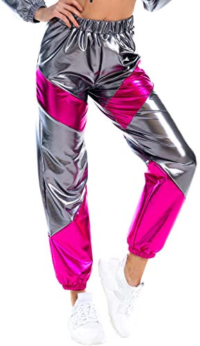 Damen Sporthose Taille Hose Cargohose Jogger Hose Gl?nzend Metallic Hip Hop Tanzhose mit Taschen Nachtclub Disco Dancewear Casual Streethose Grau-Rose XX-Large