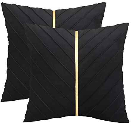 Tosleo Schwarzer Samt-Kissenbezug, 66x66 cm, 2 Stück mit goldenem Leder, dekorativer Couch-Kissenbezug, luxuriöse, moderne Kissenbezüge für Wohnzimmer, Schlafzimmer, Sofa, Bett, Schwarz, 2 Stück