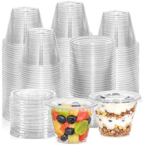 AOZITA [50 Sets, 9 oz Clear Plastic Cups With Flat Lids No Hole, Disposable Cups With Lids for Ice Cream, Pudding, Cake, Snacks Smoothie, Milkshake, Cold Drinks