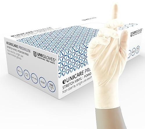 UNIGLOVES Unicare Premium Stretch Vinyl Disposable Gloves, Powder Free, Latex Free, Heavy Weight, Box of 100 Gloves, Natural, Size Small (GU0072-A)
