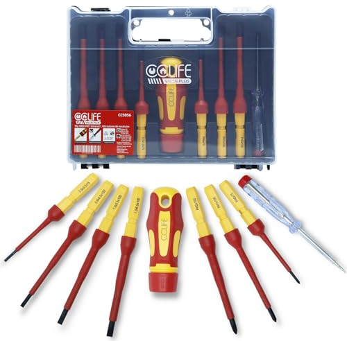 CCLIFE 9 Pezzi Set Cacciaviti Elettricista con lame intercambiabili con punte a Taglio, Pozidriv, Multifunzione VDE 1000 V Set di cacciaviti magnetici isolati con e tester di sicurezza