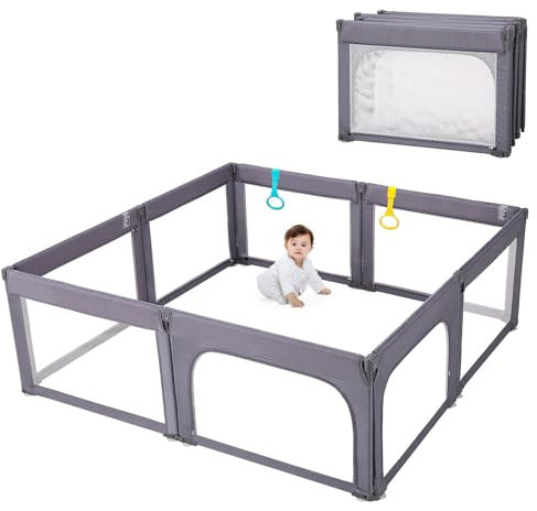 Laufgitter Faltbar Laufgitter für Baby und Kleinkinder, Einstellbare Form & Größe, Laufgitter mit Gepolstertem Rahmen & Netzwänden, Spielgehege für Innen & Außen, 180x200cm, Tiefgrau