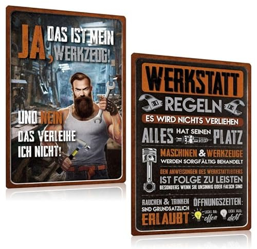2er Set Retro Blechschilder Werkstatt mit Lustige Spruch 20x30cm - DAS IST MEIN WERKZEUG - WERKSTATT REGELN - Vintage Garagen Wanddekoration Metallschild Zubehör Geschenk für Männer Hobbyraum(02)