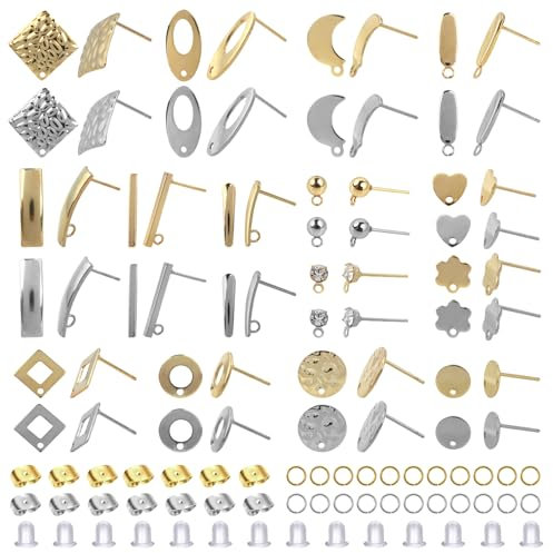 TOAOB 60 pezzi Orecchini Perno di Base Acciaio Inox Anallergici 15 Stili Tappi Connettore e 120 Chiusure Farfalline Orecchino per Creazione di Gioielli Argento Oro