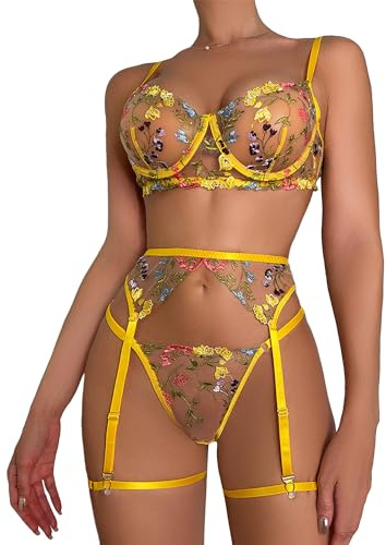Mingnos Floral Stickerei Dessous Set für Damen Sexy Reizwäsche Bügel BH und G-String mit Strumpfband Gürtel Gelb, M