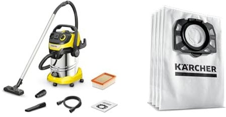 Bundle of Kärcher 1.628-378.0, WD 6 P Premium Wet & Dry Vacuum Cleaner, Yellow, 1300 W, 30 liters + Kärcher Original Fleece Filter Bag KFI 487: 4 pieces, 2-ply, extremely tear-resistant and robust