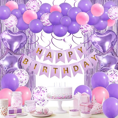 Decoración de cumpleaños lila y rosa – decoración de fiesta de cumpleaños violeta, guirnalda de globos de primera calidad, decoración de cumpleaños para niños y niñas, decoración de cumpleaños para