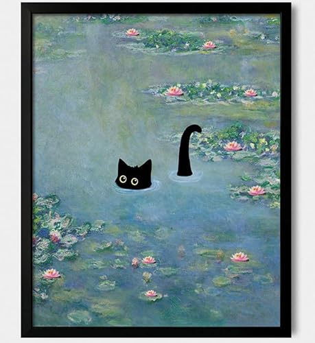 Hamduker Katzen-Wandkunst, Monet-Drucke, Vintage-Leinwand, Wandkunst, lustige Katze in Seerosen, Poster für Zimmer, Schlafzimmer, Wohnzimmer, Badezimmer, Wanddekoration, ästhetisch (Größe: 20,3 x 25,4