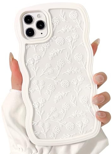 NITITOP Compatible for iPhone 11 Pro Max Case Cute Clear Flower Floral Leave Curly Blue Wave Frame Shape Wavy Shockproof Soft TPU 2 in 1 Protective Phone Cover for Women Girl - White