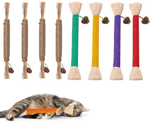 Catnip Toy Bite Rope Chew Sticks, 8 Pack InteractiveTeeth Cleaning Chew Toys for Indoor Cats, Snake-shaped with Gall Fruit Teething Stick, Stress Release Cotton Rope with Raffia Grass for Adult Kitten