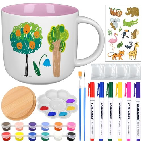 LongZYU Paint Your Own Mug Set, Paint-a-Mug Kit, Pottery Kit Includes Mugs, for Adults Ceramic Painting Includes Mugs, Brushes and Painting Inspiration Guide (Pink)