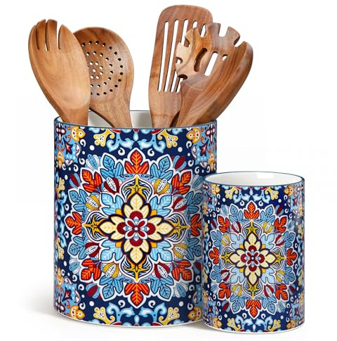 vancasso SIMI 7.3+5.5 Porcelain Utensil Holder for Kitchen Countertop | Bohemian Kitchen Utensil Organiser, Ideal for Spatulas, Ladles, Spoons, Cutlery, Counter Utensil Crock, Twilight Bloom