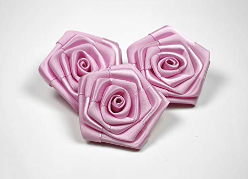 Rosen 6 cm x 3 Stück Satinrosen Aufnäher Deko Blumen Röschen zum Basteln Hochzeit Rosenköpfe Farbe: Rosa 148