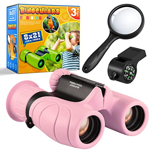 Dislocati Jumelles pour Enfants 3-10 Ans - Vision Proche/Lointaine, Coque Silicone Antidérapante - Kit Exploration Enfant (Loupe/Sifflet/Boussole) - Idée Cadeau & Jouet pour Filles et Garçons (Rose)