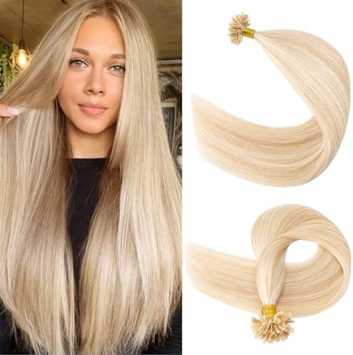 S-noilite U Tip Hair Extensions Real Human Hair 1g Pre Bonded Human Hair Extensions Keratin Nail U Tip #18/613 Ash Blonde/Bleach Blonde 16 Inch (50 Strands - 50G)