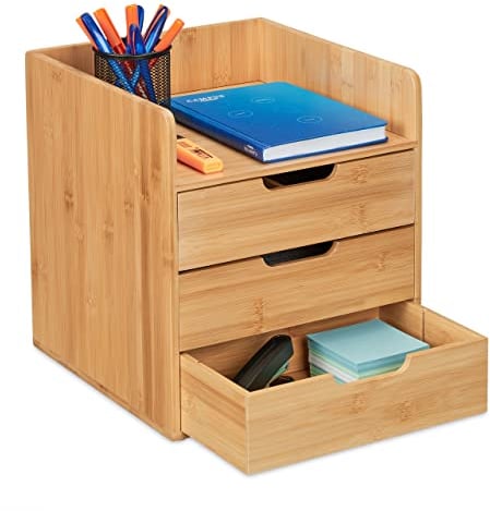 Relaxdays Schreibtisch Organizer, 3 Schubladen, Ablage Büroutensilien, HBT: 33 x 30 x 31 cm, Bambus Schubladenbox, natur