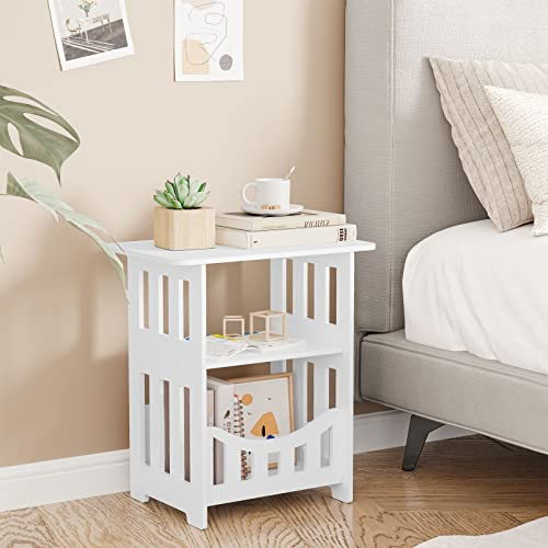 Dripex 3-Tier Side End Table with Storage Shelf Basket, White Small Bedside Table, Slim Narrow Nightstand Small Spaces for Living Room, Bedroom, Bathroom, Balcony