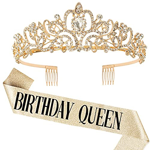 DRESHOW Geburtstagskrone und Schärpe für Damen Geburtstagskönigin Schärpe & Strass Tiara Set Geburtstag Tiaras und Schärpen für Mädchen Geburtstag Dekorationen Haarschmuck Glitter Schärpe für Party