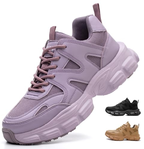 COOU Arbeitsschuhe Damen Leicht Sicherheitsschuhe rutschfest Sportlich Stahlkappenschuhe Atmungsaktiv Schutzschuhe C01 Lila/40