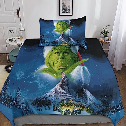 BARDYS How The Grinch Stole Christmas Tröster Startseite Satz, Christmas Geek Bettwäsche Satz,Spannbetttücher Bettbezug, Süße Dekoration Bettwäsche Set Single(135x200cm)