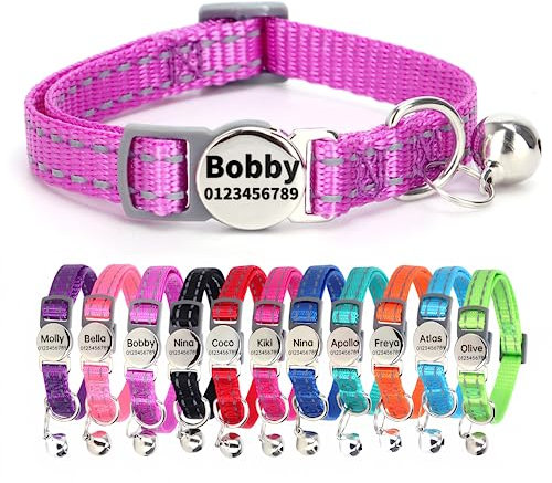 SEOUGEE Katzenhalsband Schnellverschluss mit personalisiertem Namensschild, reflektierende Kätzchenhalsbänder mit Glöckchen & Sicherheitsentriegelung, 19-30 cm verstellbar, Lila