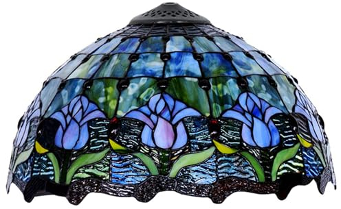 BOTOWI Tiffany Stained Glass Lamp Shade Replacement, Only 16 Inch Rose Tulip Wisteria Pattern Lampshade, Table Lamp Pendant Light Floor lamp Ceiling Lamp Floral Glass Beads Blue Lampshade,Tulip
