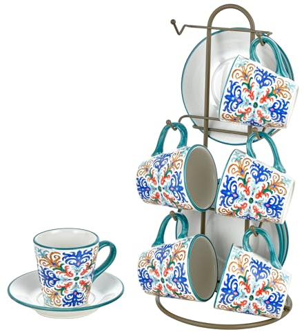 Baroni Home Set di Tazzine Decorate in Ceramica con Piattini e Stand, Accessorio da Cucina Colorato Resistente, Linea Capri, 15x13x29 cm