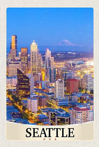 Ontrada Blechschild 12x18cm gewölbt Seattle USA Amerika Stadt Abend Schild