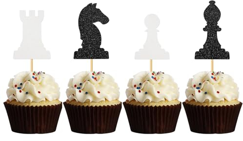 MonMon & Craft Chess Cupcake Toppers/International Chess/Chess Enthusiasts Birthday Party Cupcake Decorations - Black Glitter