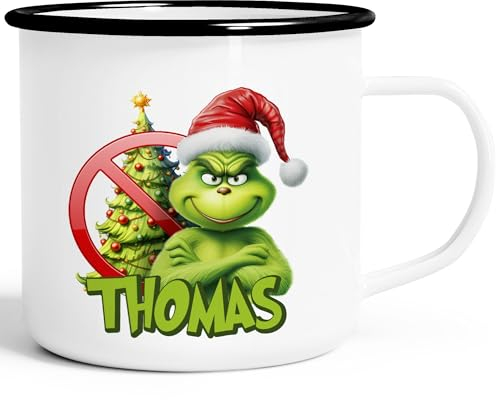 Moonworks® Emaille-Tasse Grinch Weihnachtstasse Mann Frau mit Namen personalisierbar Geschenk lustig Weihnachtsmuffel Grinch emaille-weiß-schwarz standard