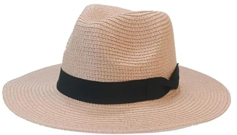 Chapeau Paille Chapeaux pour Femmes Solide Chameau Ruban Bowknot Chapeau De Plage Paille Protection Solaire Église Mariage Décorer Chapeaux pour Hommes 52-54Cm (Enfants) Flashpink2