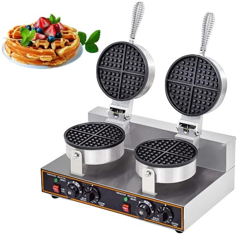 PJDDP Double Heads Commercial Waffle Maker, 2400W Non-stick Round Belgian Waffle Baker Machine, Professional Electric Waffle Iron Maker for Restaurant Hotel Party Food Stall Cafes Snack Bars