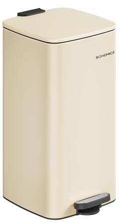 SONGMICS Cubo de Basura, Basurero de 30 L, de Cocina de Acero Inoxidable, con Cubeta Interior, Cierre Suave y Permanece Abierto, Beige Arena LTB593A02