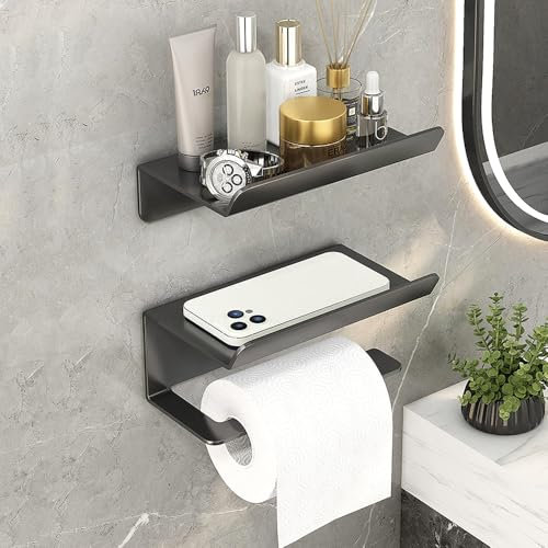 Stainless Steel Toilet Roll Holder Set, Toilet Paper Roll Holder with Shelf and Mobile Phone Holder, Wall Mounted or Self-Adhesive, Space-Saving, Paper towel rack For Bathroom, Washroom, Kitchen Etc