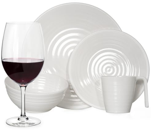 Melamin Camping Geschirr Set 4 Personen Crema 16 Teilig + 4 Tiamo Gläser Rot Weingläser Tafelgeschirr Picknick BBQ Kochgeschirr