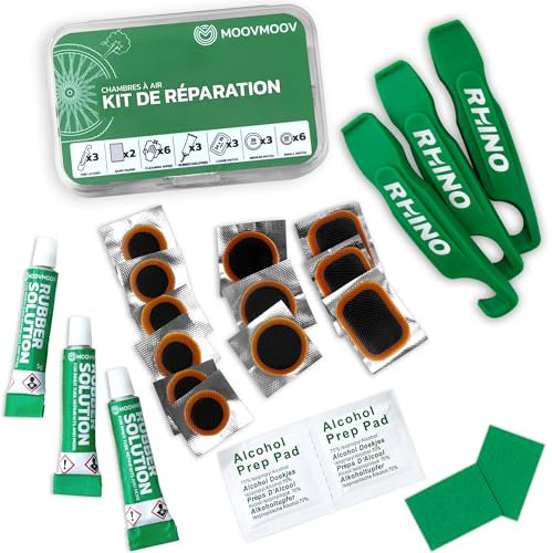 MOOVMOOV Kit Réparation Pneus Vélos - Contient Rustines Chambres à Air, Tubes de Colle Vulcanisante, Démontes-Pneus Rhino, Papier de Verre et Lingettes Nettoyantes - pour VTT, Vélo de Route, Gravel