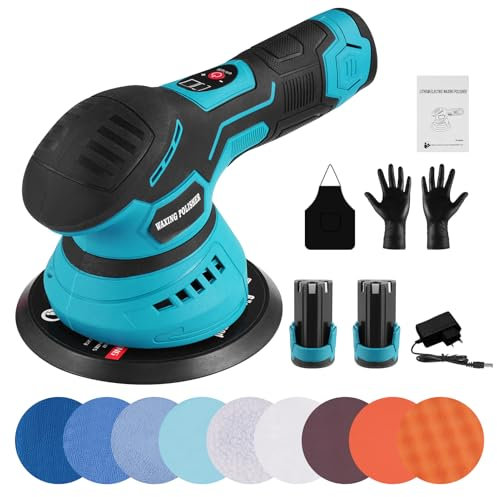 Sararoom Poliermaschine Auto Polierer Wachsmaschine - Akku Exzenter Poliermaschine, 2 Batterie,12V,5500U/min, 8 Variable Geschwindigkeit Autopolierset für Autopflege Polieren Wachsen Kratzerentfernung