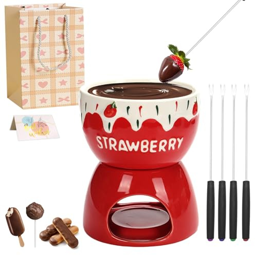 17oz Ceramic Chocolate Fondue Set with 4 Forks, 3D Relief Design, Strawb. | Microwave & Oven Safe, Multi-functional, Detachable, Chocolate & Cheese Melting Pot for Dessert, Party & Family Gift