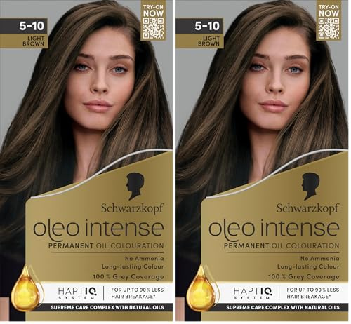 Schwarzkopf Oleo Intense Permanent Oil Colour 5-10 Light Brown Hair Dye, 100% Grey Coverage, Conditioner with HaptIQ System, Long-Lasting Colour, Ammonia Free Hair Dye (Pack of 2)